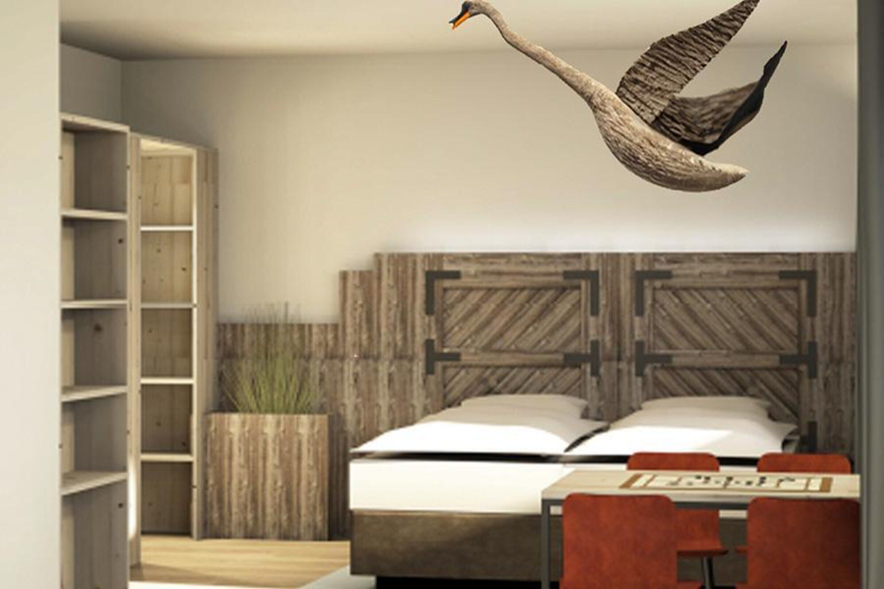 Una camera da letto con testiera in legno, un letto con biancheria da letto bianca, un comodino in legno e una sedia rossa.