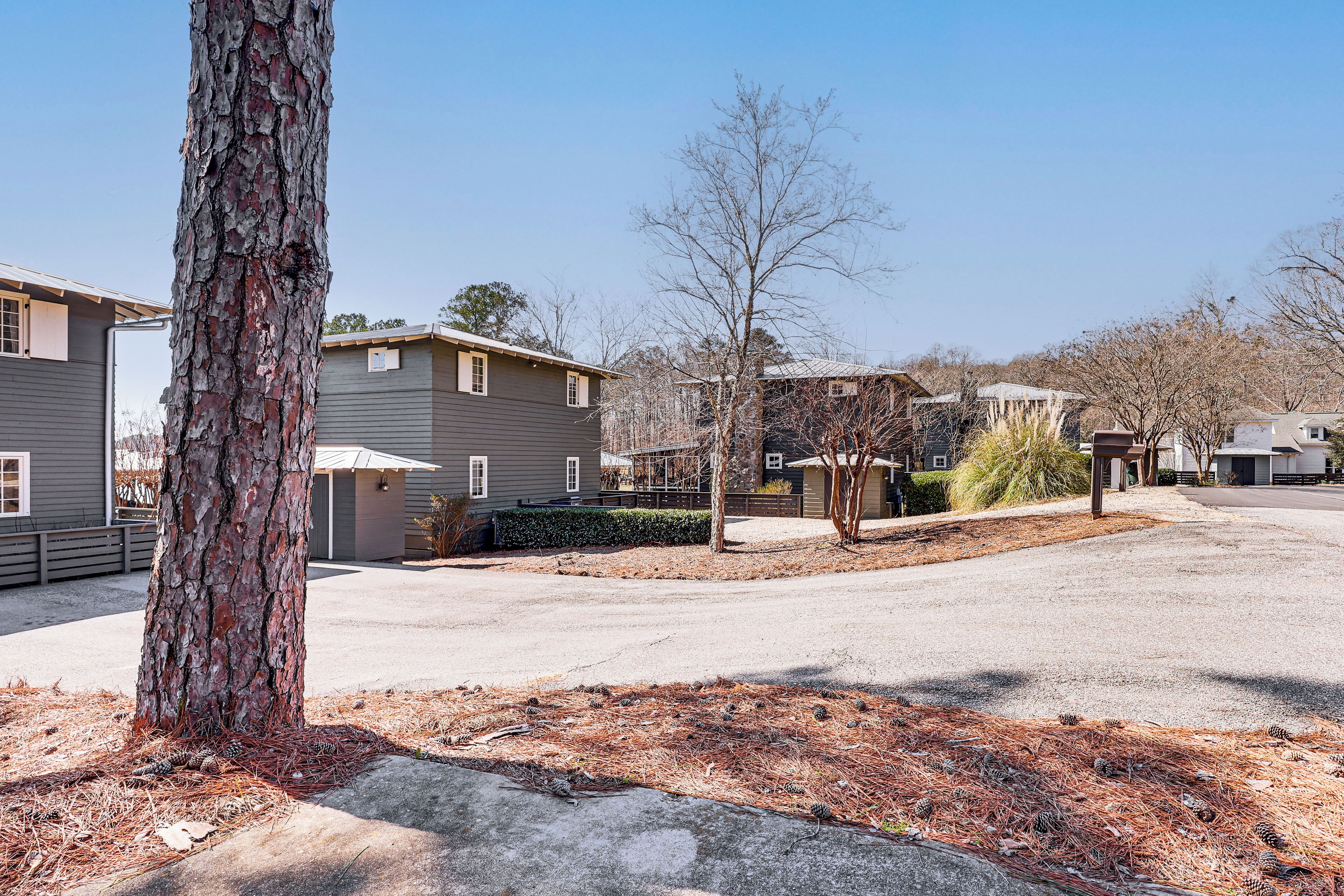 A residential street with houses, a tree, and a clear sky.