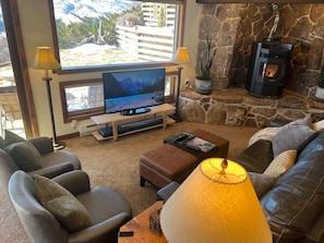 TV, fireplace, books, offices