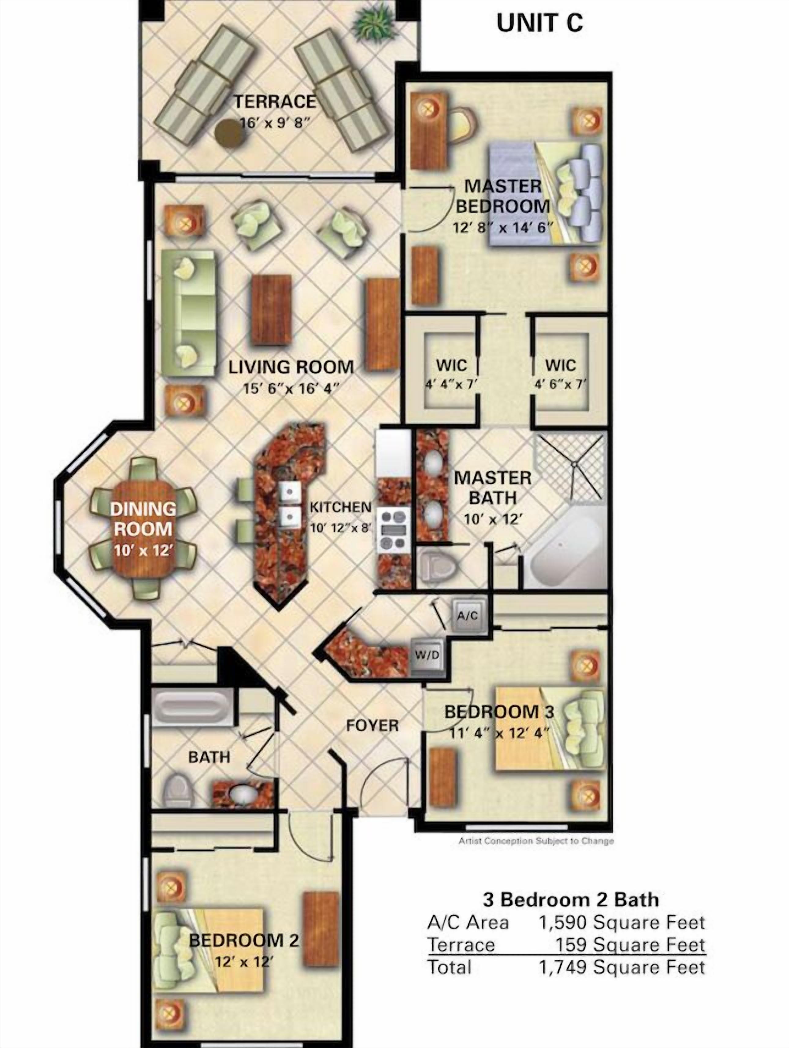 A 3-bedroom 2-bath apartment layout with a terrace, dining room, kitchen, master bedroom, and master bathroom.