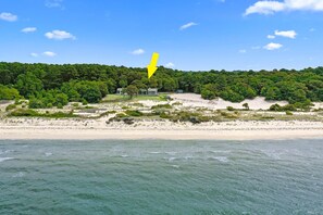 Un paisaje costero con una playa, una colina boscosa y un edificio con una flecha amarilla que lo señala.