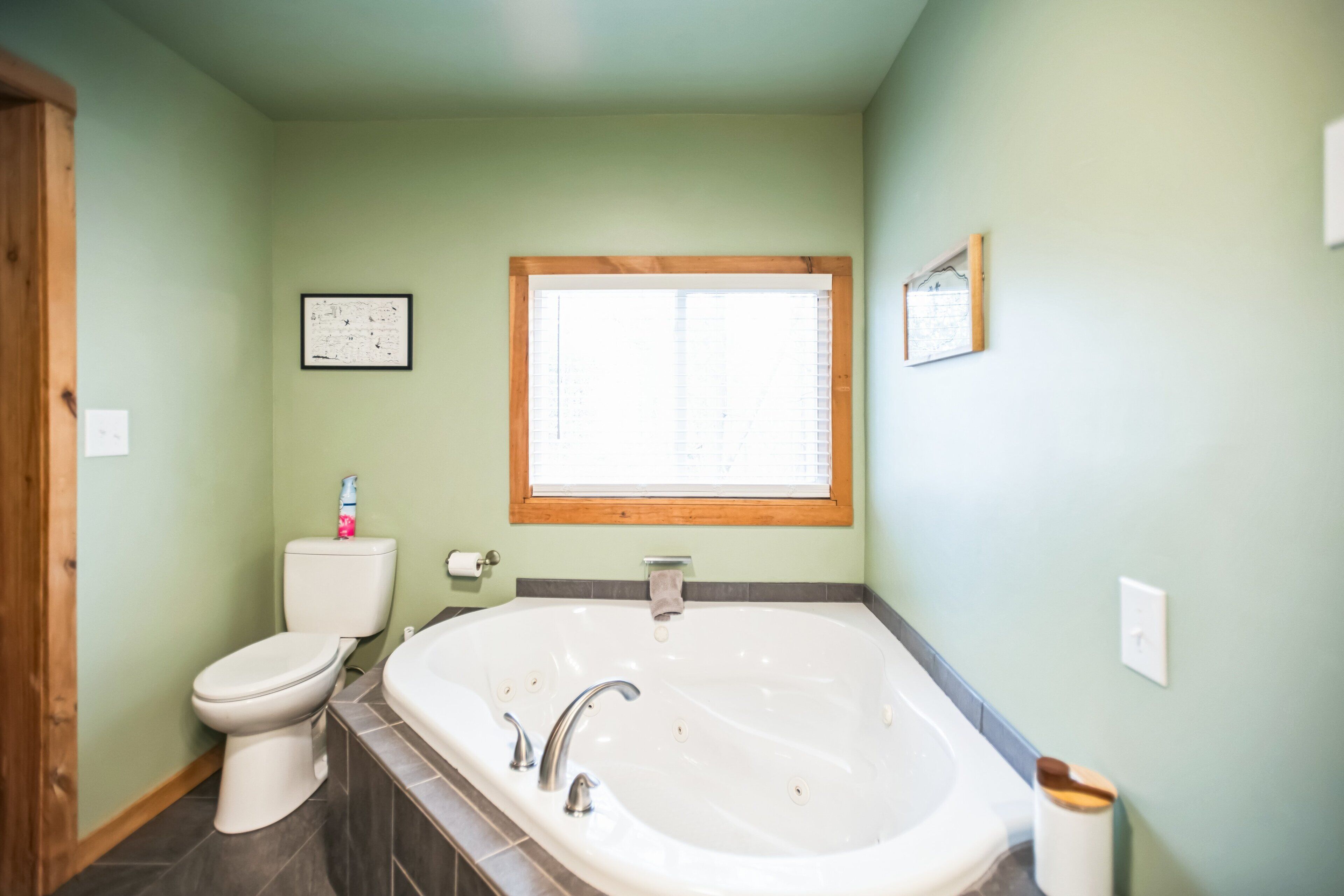 A bathroom with a toilet, a bathtub, and a window.