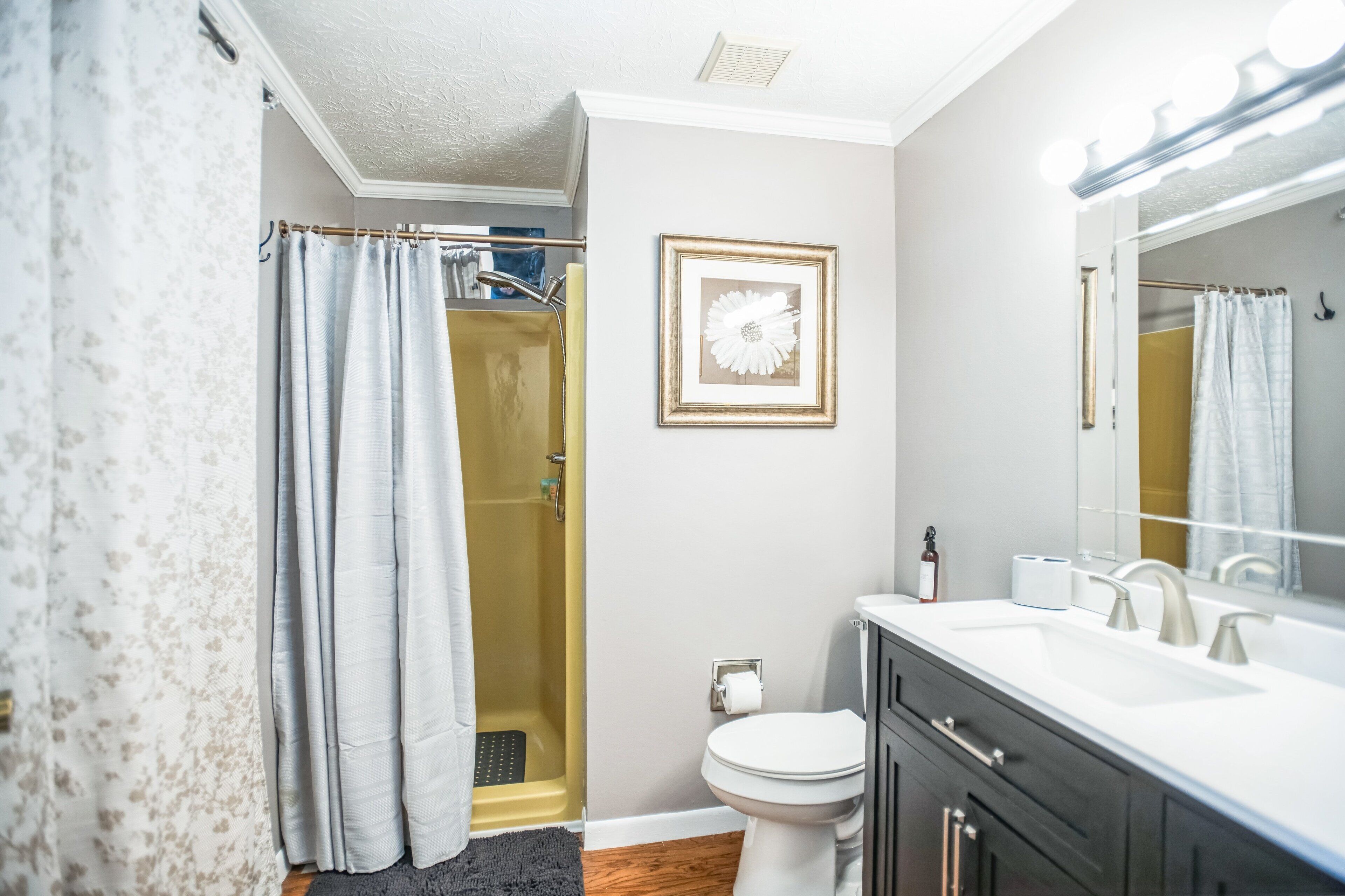 A bathroom with a shower, toilet, sink, and a framed picture on the wall.