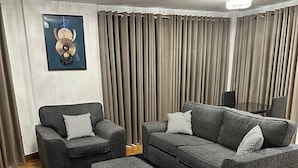 Una sala de estar moderna con un sofá gris, un sillón pequeño y un tapete negro.