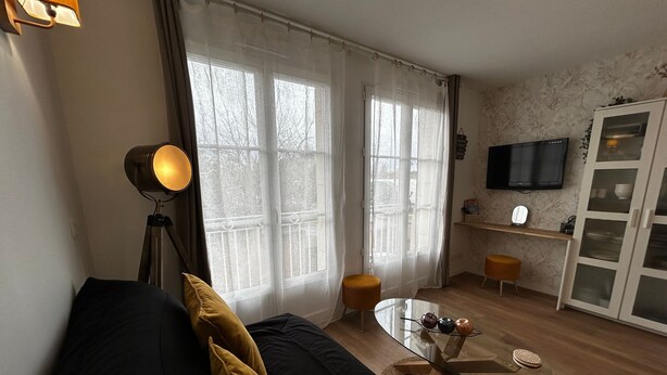 A living room with a sofa, a coffee table, a TV, and a cabinet. - Renovated T2 with WiFi and parking 200m from the Spa (La Roche-Posay)