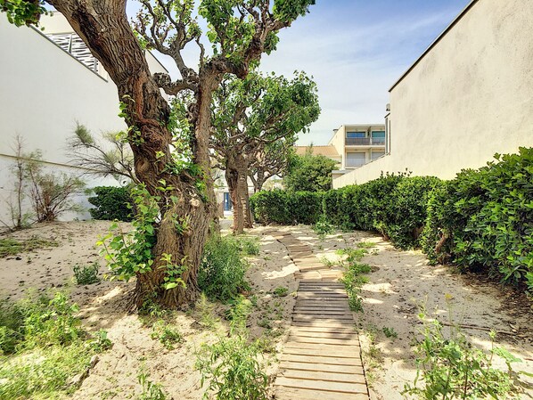 Un camino serpentea por un jardín con árboles y arbustos, bordeado por edificios.