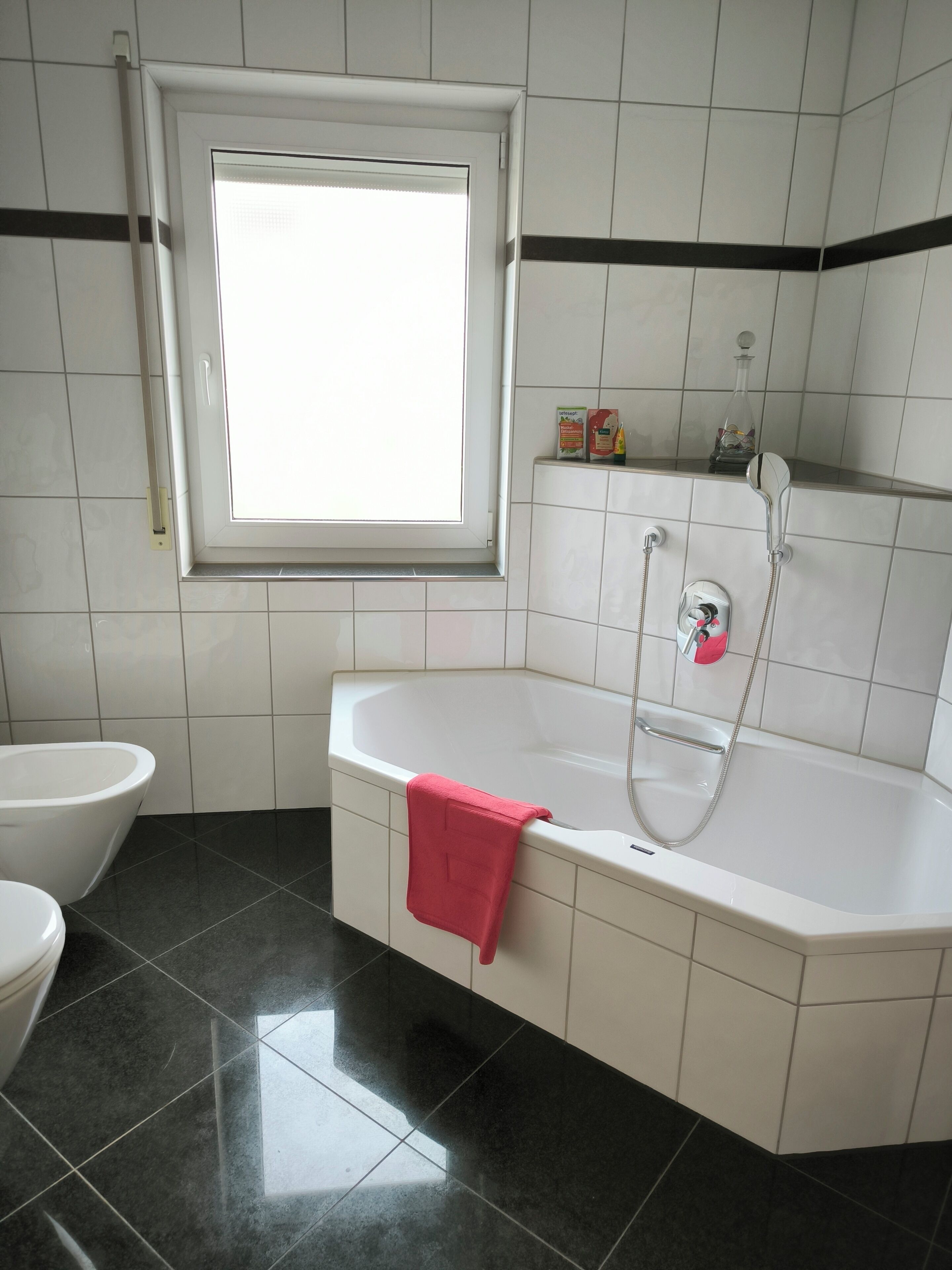 Secador de pelo, bidet, toallas, jabón