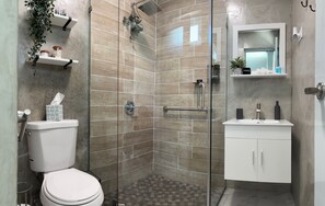 Shower, hair dryer, towels, soap