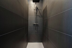 Regadera, secadora de cabello, toallas, papel de baño 
