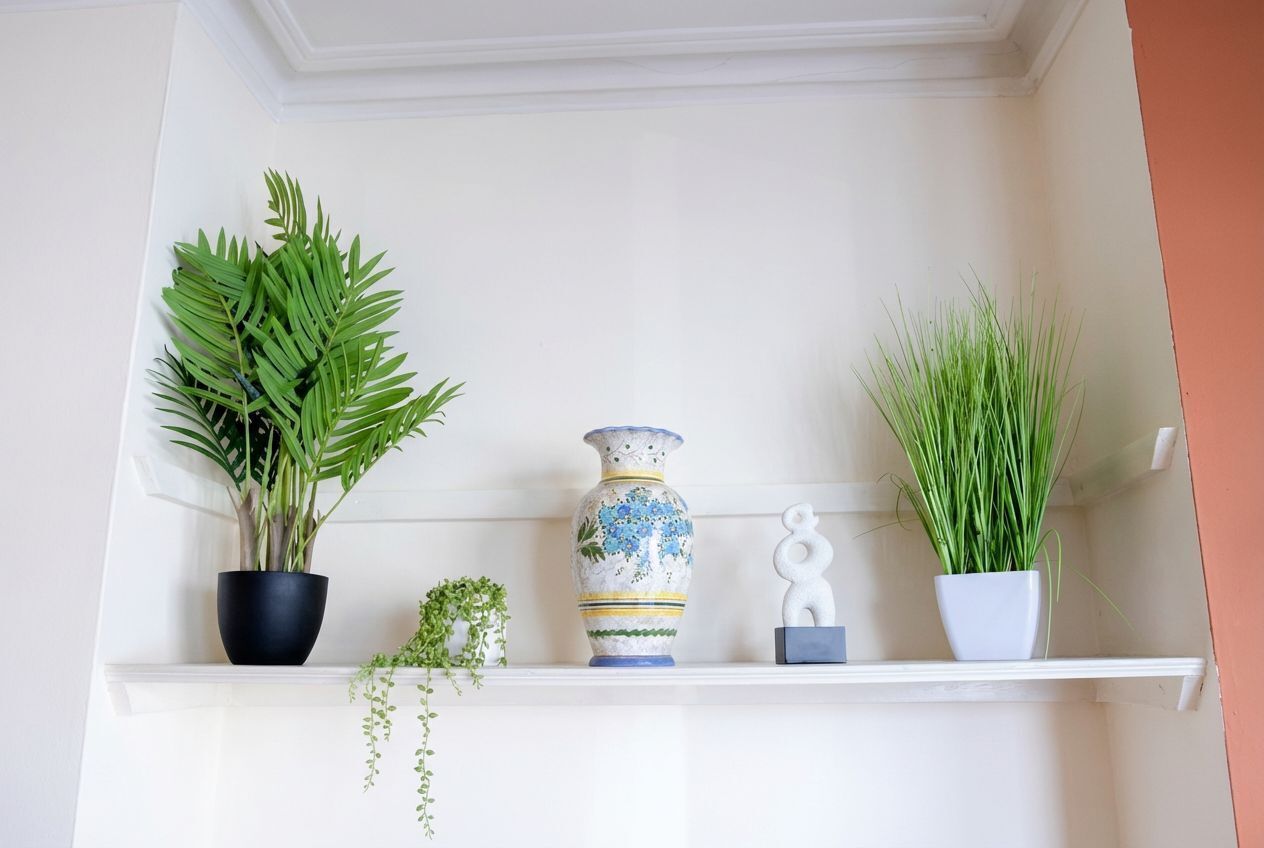 A shelf with three potted plants and a decorative vase.