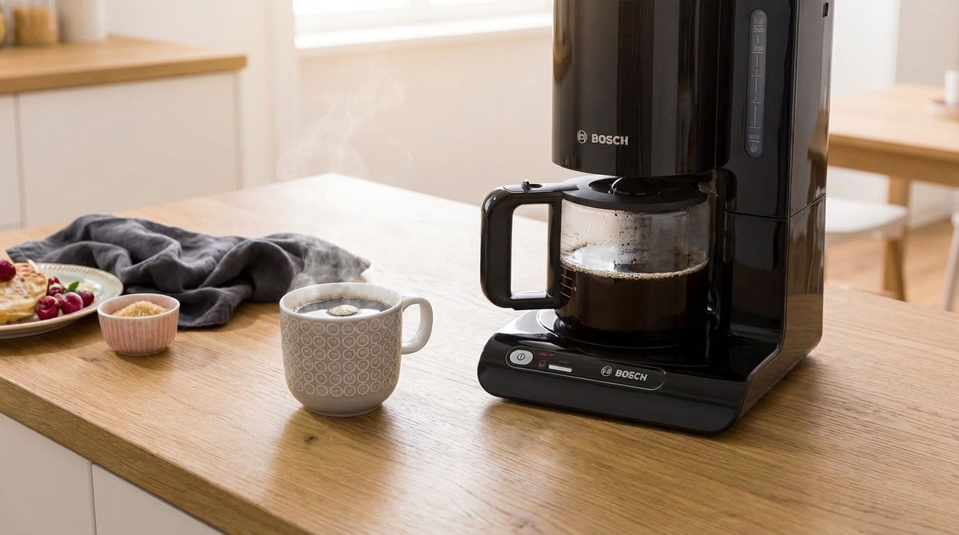 Une machine à café posée sur un plan de travail en bois, avec une tasse de café, un bol de sucre et une assiette de nourriture.