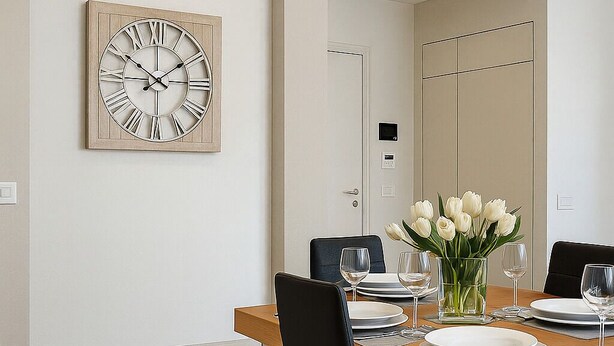 A modern dining area with a wooden table set for four, black chairs, a wall-mounted clock, and a vase of white flowers.
