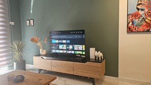 A modern living room with a flat-screen TV on a wooden cabinet, a potted plant, and a small sculpture.