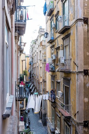 Stroll through historic city streets lined with aged buildings and cobblestone pavement.