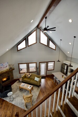 Smart TV, chimenea y libros