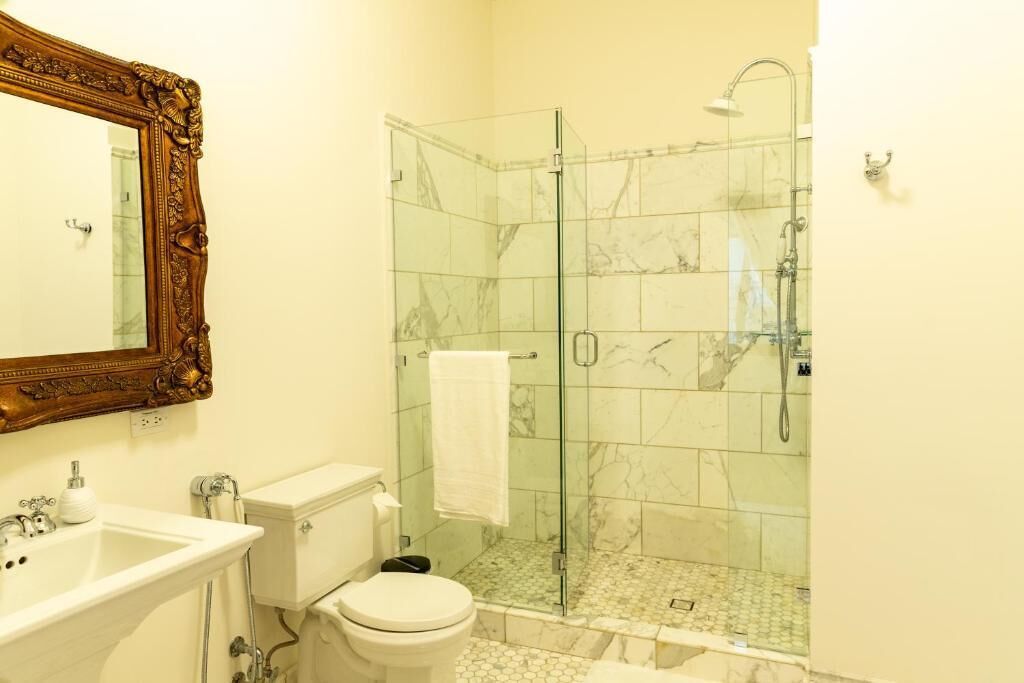A bathroom with a glass-enclosed shower, a white toilet, and a large ornate mirror.