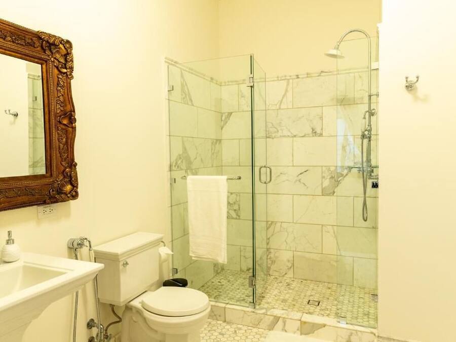 A bathroom with a glass-enclosed shower, a white toilet, and a large ornate mirror.