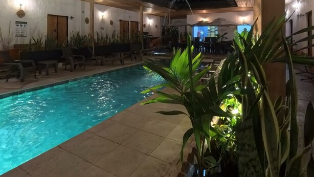 An indoor swimming pool with a wooden ceiling and tiled floor, surrounded by lounge chairs and potted plants. - Hotel Alcazar Real (Útica)