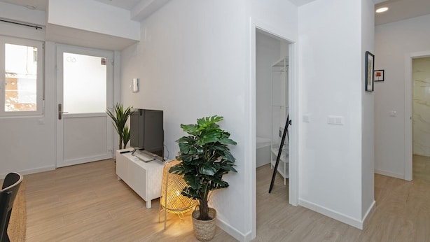 A modern living room with a flat-screen TV, a sofa, a potted plant, and a standing lamp. - GuestReady - Cozy flat in Valencia (Valencia)