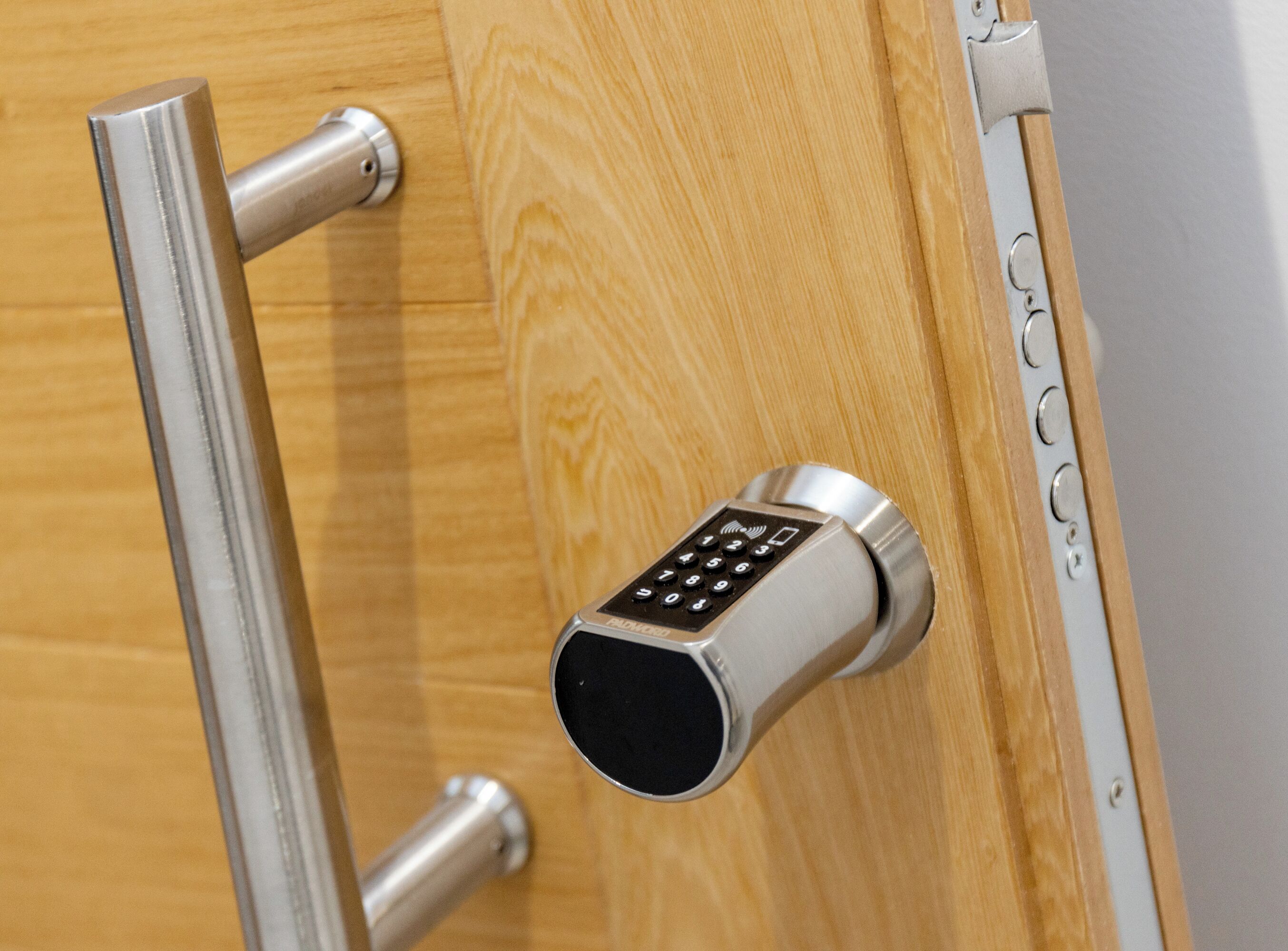 Una puerta moderna con sistema de entrada sin llave, un pomo metálico y un panel de madera.