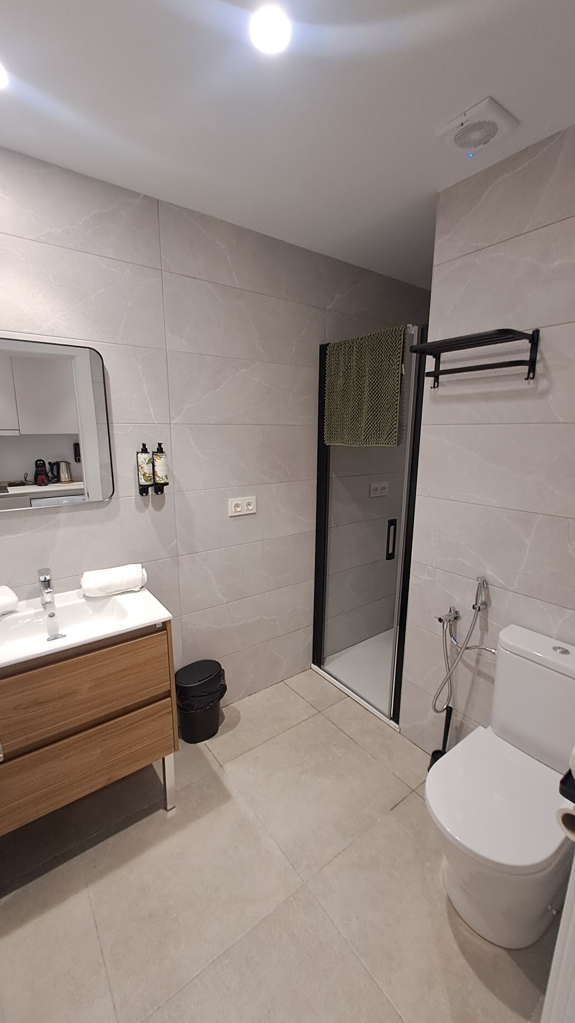 A modern bathroom with a glass shower enclosure, a white toilet, and a vanity with a mirror.