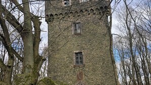 A stone tower surrounded by trees and moss-covered rocks.