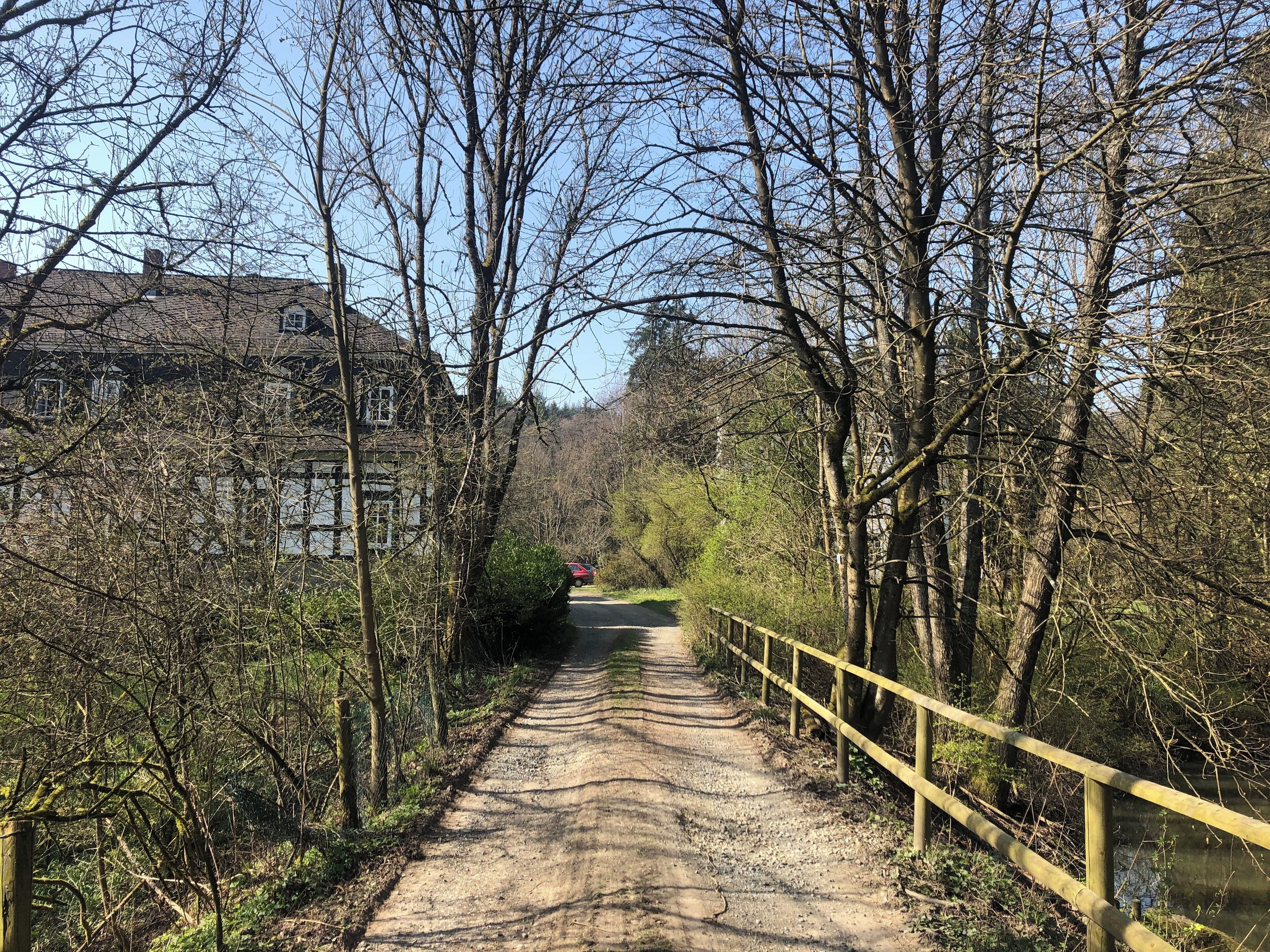 Ein Feldweg, gesäumt von Bäumen und einem Holzzaun, der zu einem Gebäude mit geneigtem Dach führt.