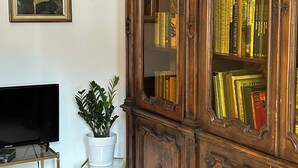 A living room with a wooden bookcase, a flat-screen TV, a potted plant, and a framed painting on the wall.