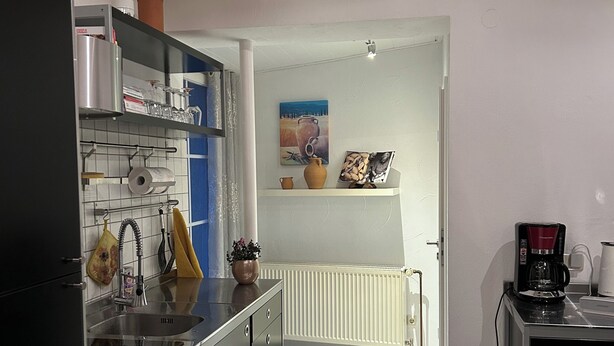 A modern kitchen with stainless steel appliances, a tiled floor, and a white radiator.