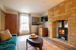 Smart TV, chimenea, estéreo