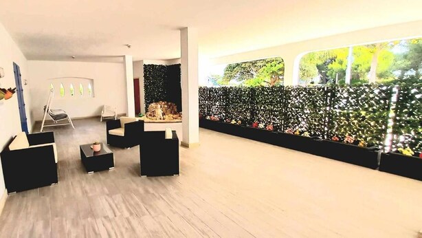 A modern interior with a reception desk, seating area, and a decorative wall with plants. - Villa Lea - Apartments Torre dell'Orso (Torre dell'Orso)