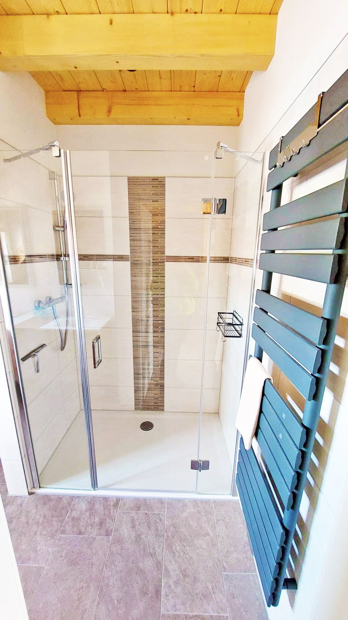 A modern bathroom with a glass shower enclosure, a wooden ceiling, and a tiled floor.