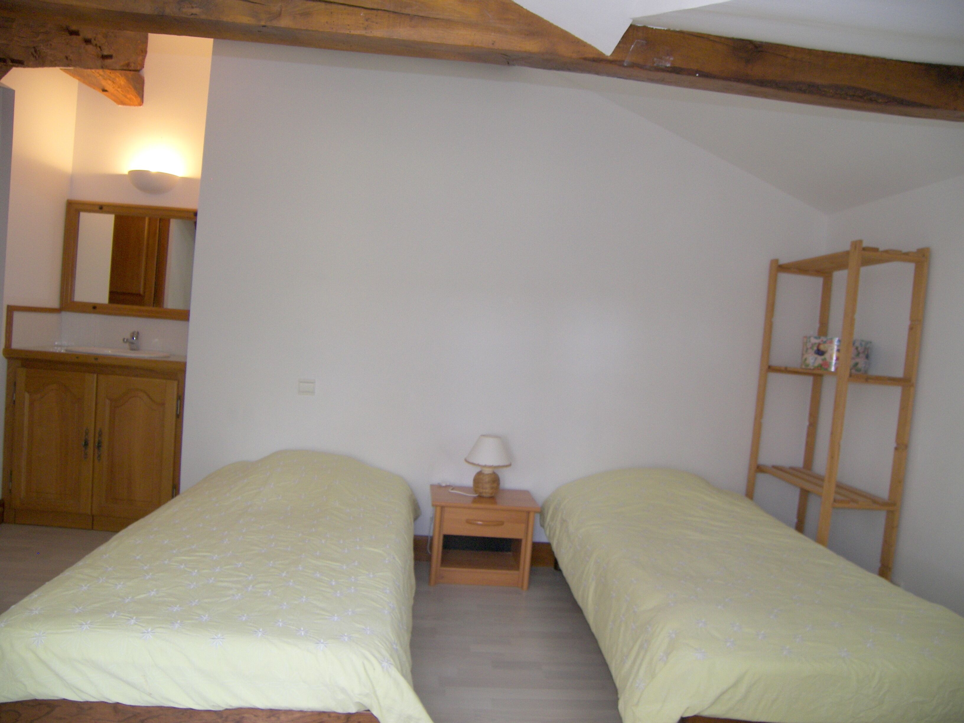Un dormitorio con dos camas individuales, una mesita de noche de madera con lámpara, una estantería de madera y un armario de madera.