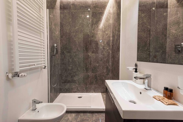 A modern bathroom with a shower, bidet, and a large sink. - Alfani Modern Loft by MMega (Florence)