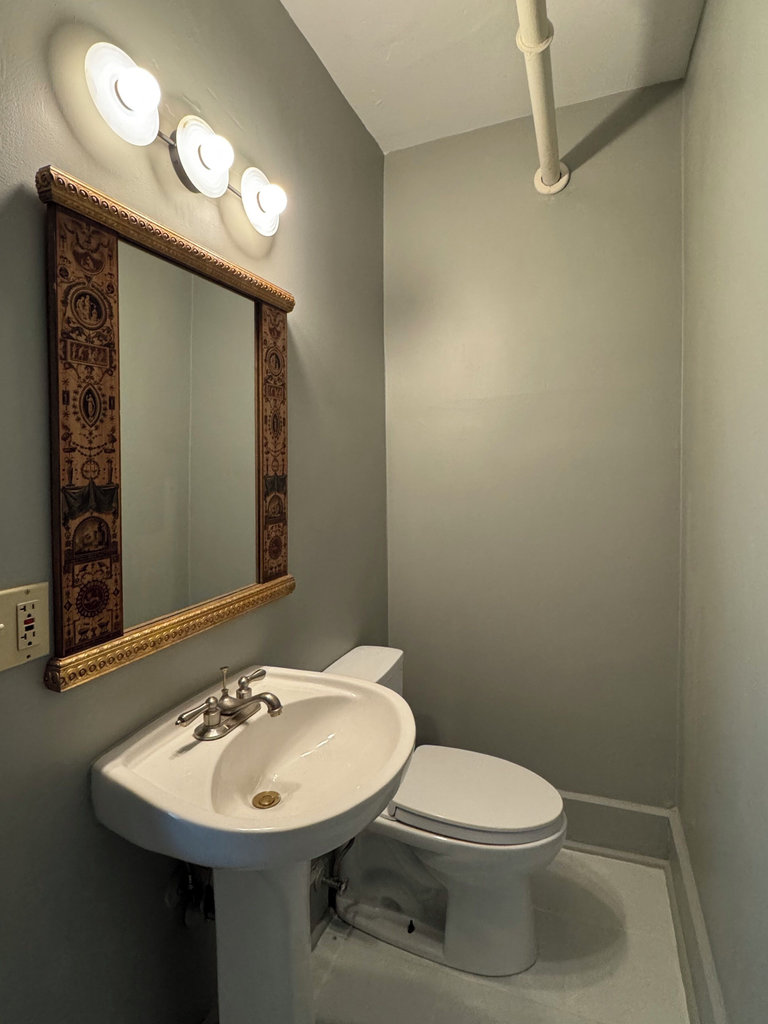 A bathroom with a white sink, a toilet, and a mirror with ornate detailing.