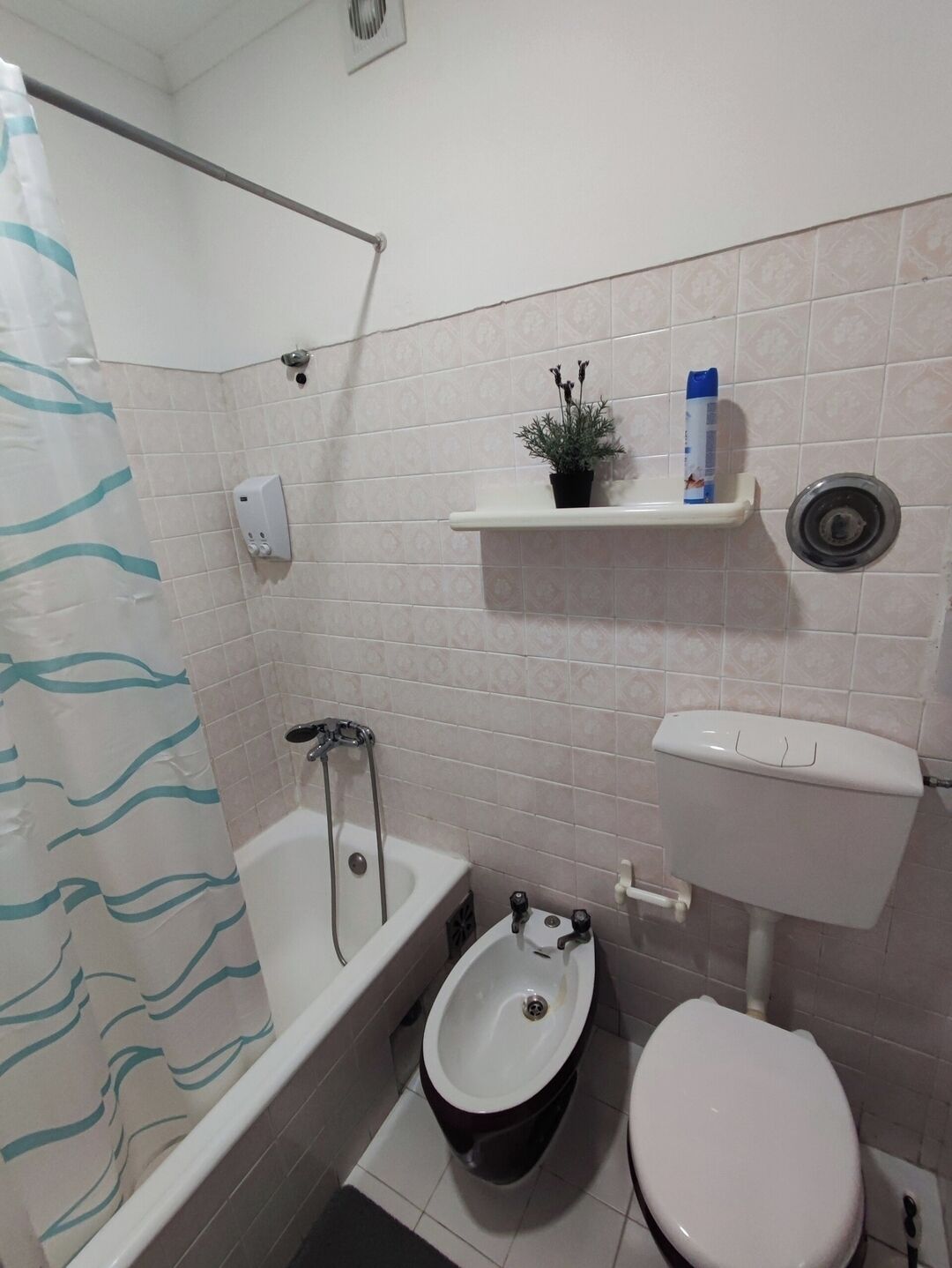 A bathroom with a bathtub, a bidet, a toilet, a shower curtain, and a shelf with a plant and a bottle.