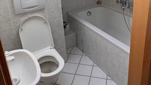 A bathroom with a skylight, a bathtub, and two toilets. - NR 4 DG 2 rooms for companies and families (Nieder Vellmar)