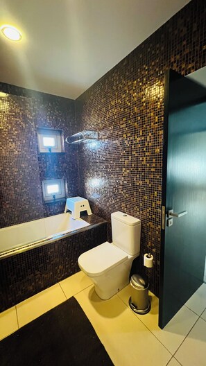 Secadora de cabello, toallas, papel de baño 