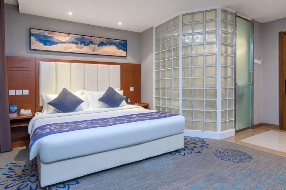 Una habitación de hotel con una cama grande, una mesita de noche, un televisor montado en la pared y un separador de vidrio.