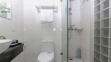 Un baño moderno con inodoro blanco, ducha con cerramiento de vidrio y lavabo con espejo superior.