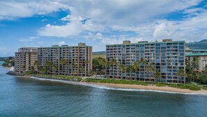 Un hôtel situé en bord de mer, composé de plusieurs immeubles de grande hauteur, avec une plage de sable et des palmiers.