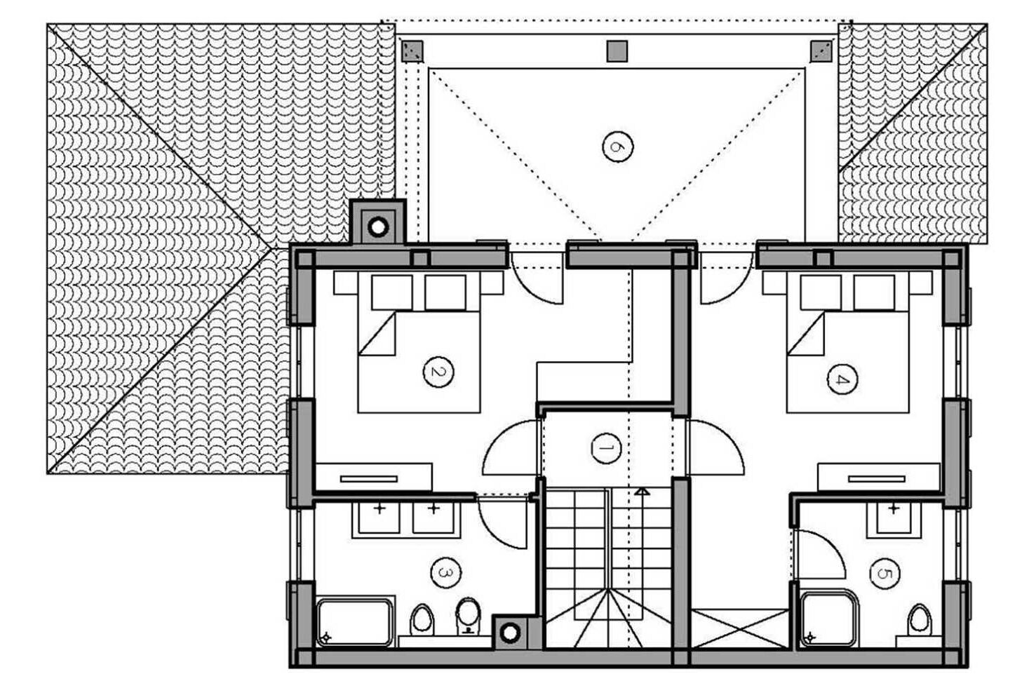 Planta baixa de um hotel com dois quartos, um banheiro, uma cozinha e uma sala de estar.