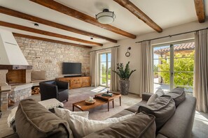 Televisie, een open haard, een dvd-speler en een stereo