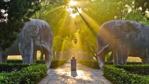 Un sendero bordeado por estatuas de elefantes que conduce a un monumento central.