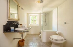 Shower, hair dryer, bidet, towels
