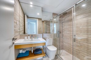 Shower, hair dryer, towels