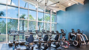 Un gimnasio con diferentes equipos de ejercicio, ventanas amplias y vistas a árboles.