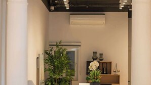 Espaço interior com balcão de recepção, planta em vaso, ar-condicionado fixado na parede e prateleira com objetos decorativos.