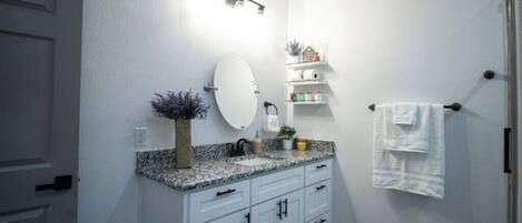 Shower, hair dryer, soap, shampoo