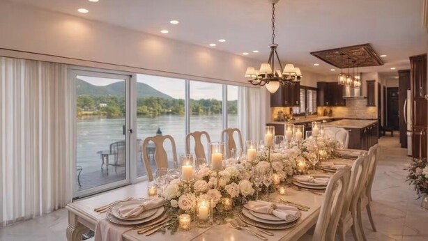 Une salle à manger avec une longue table dressée pour le repas, un lustre et une vue sur un lac.